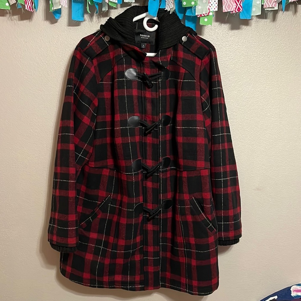 Torrid Red Plaid Hooded Toggle Coat 3 22/24
